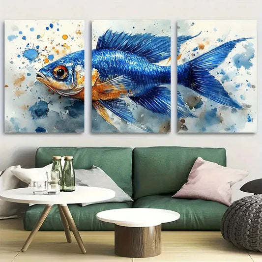 3pcs Striking Blue Angel Fish Watercolor Metal Print Ready to Hang Art