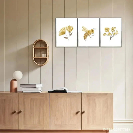 3pcs Accent Boho Style Floral Bee Wall Decor Metal Print Ready to Hang Art