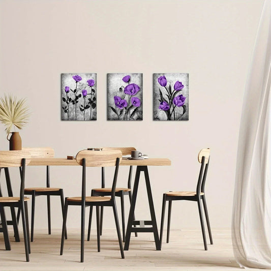 3pcs Purple Rose Botanical Tulip Floral Metal Print Ready to Hang Art
