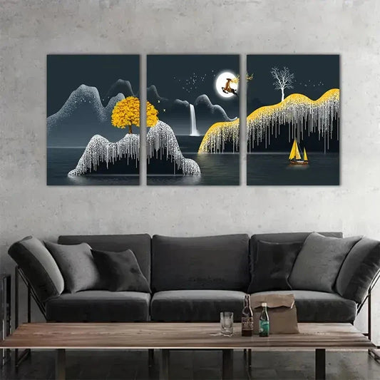 3pcs  Elk Jumping in Moonlight Landscape,  Metal Print Ready to Hang Art