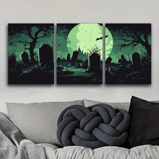 3pcs Eerie Green Moon & Cemetery Design,  Metal Print Ready to Hang Art
