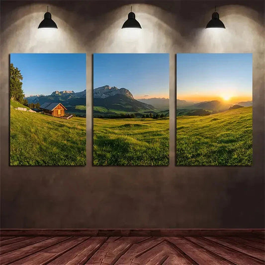 3pcs Nature Green Grasses Sunrise Mountain Metal Print Ready to Hang Art