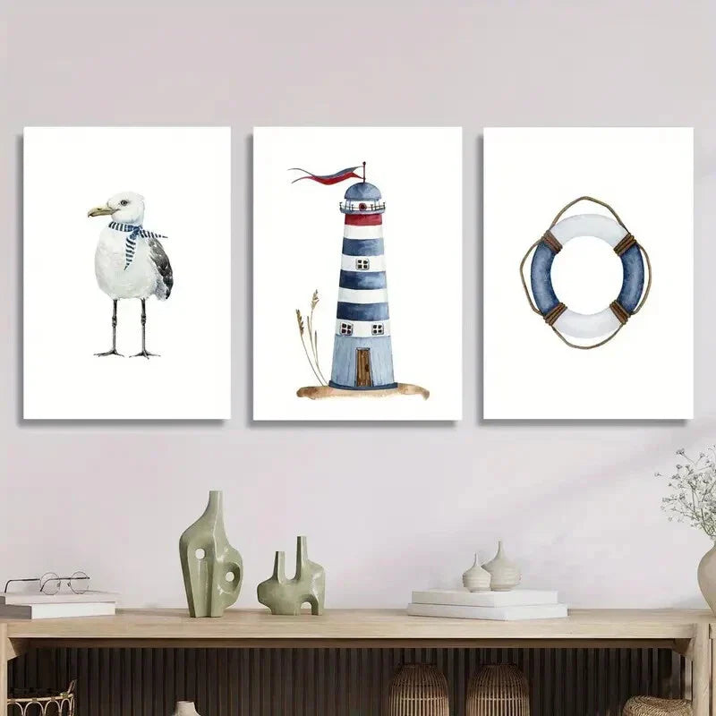 3pcs White seagull wearing scarf, lighthouse Wall Art Set Canvas Framed 40x60cm - High Quality Print 100% Australian Made Wall Canvas Ready to Hang