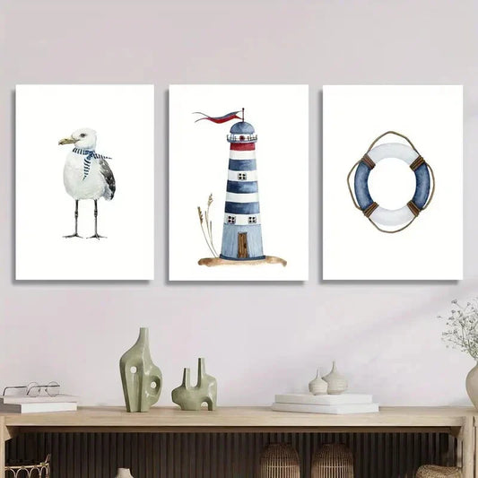 3pcs White seagull wearing scarf, lighthouse Wall Art Set Canvas Framed 40x60cm - High Quality Print 100% Australian Made Wall Canvas Ready to Hang