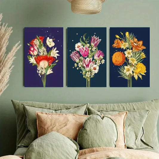 3pcs Vibrant Poppy & Tulip Botanical Metal Print Ready to Hang Art