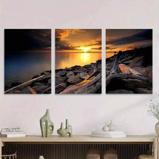 3pcs Sunset Beach Triptych Serene Ocean & Rocky Metal Print Ready to Hang Art