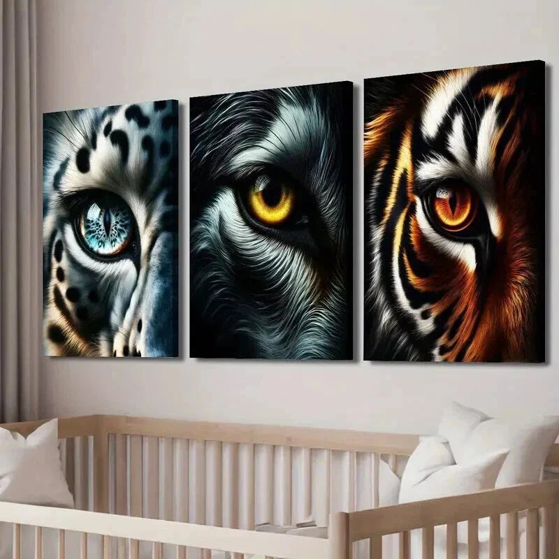 3pcs Snow Leopard Wolf Tiger Eye Macro Wall Art Set Canvas Framed 40x60cm - High Quality Print 100% Australian Made Wall Canvas Ready to Hang