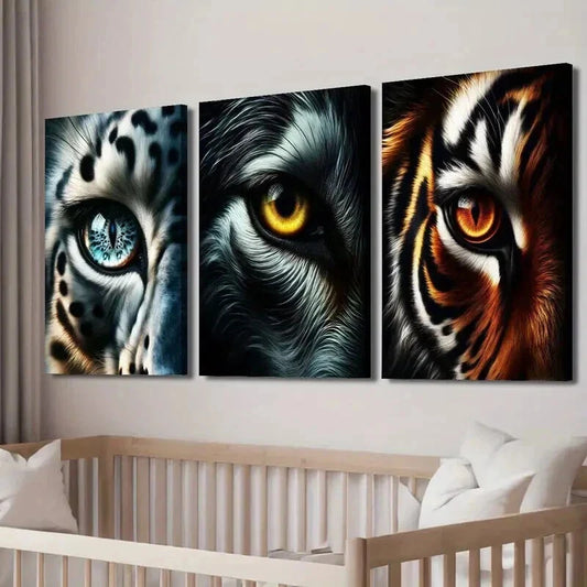 3pcs Snow Leopard Wolf Tiger Eye Macro Wall Art Set Canvas Framed 40x60cm - High Quality Print 100% Australian Made Wall Canvas Ready to Hang