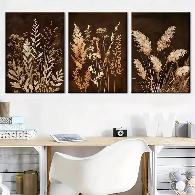 3pcs Retro style grass dry flowers Brownish  Wall Art Set Canvas Framed 40x60cm - High Quality Print 100% Australian Made Wall Canvas Ready to Hang