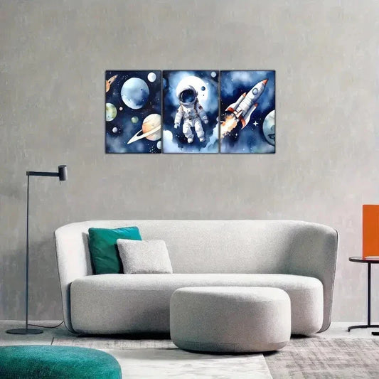 3pcs Tribute Astronaut Rocket Planet Space Metal Print Ready to Hang Art
