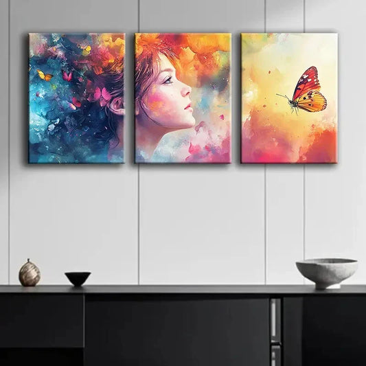 3pcs Abstract Butterfly and Female Perfect Wall Art Set Canvas Framed 40x60cm - High Quality Print 100% Australian Made Wall Canvas Ready to Hang