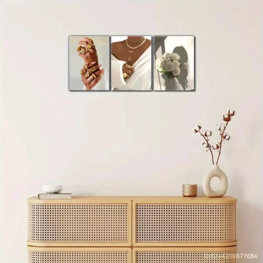 3pcs Expression White Bouquet Female Portrait Metal Print Ready to Hang Art