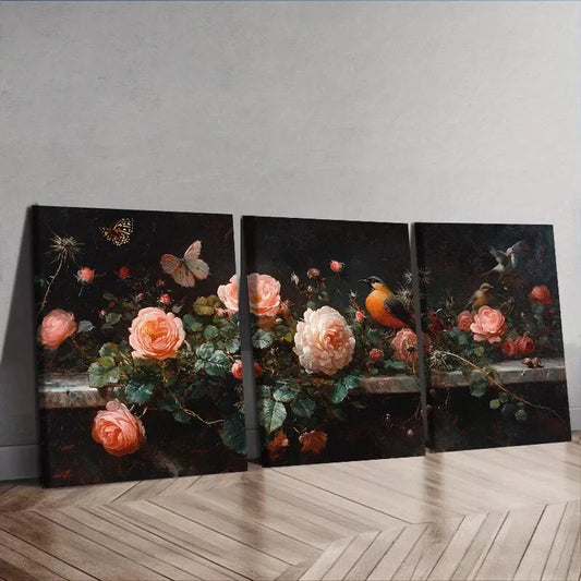 3pcss Roses, Thistles, And Birds   Wall Art Set Canvas Framed 40x60cm - High Quality Print 100% Australian Made Wall Canvas Ready to Hang