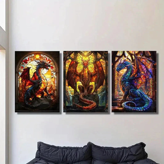3pcs Abstract Stained Glass Dragon Mythical Metal Print Ready to Hang Art