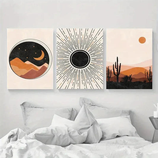 3pcs Minimal Abstract Geometric Sun and Moon Metal Print Ready to Hang Art