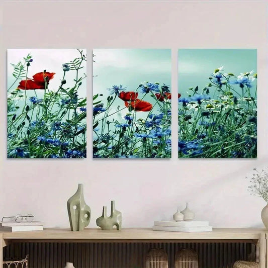 3pcs Beautiful Red Poppy and Blue Flower Wall Art Set Canvas Framed 40x60cm - High Quality Print 100% Australian Made Wall Canvas Ready to Hang