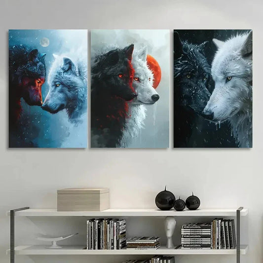 3pcs Black and White Wolf Stunning Red Eyes Metal Print Ready to Hang Art