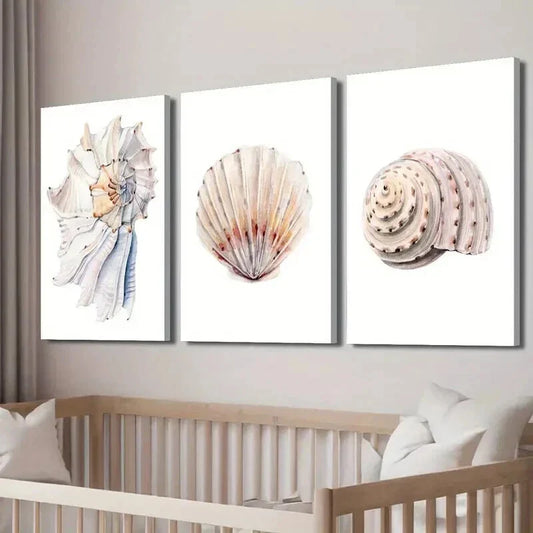 3pcs Polygonal Fan-Shaped Pattern Seashell Wall Art Set Canvas Framed 40x60cm - High Quality Print 100% Australian Made Wall Canvas Ready to Hang
