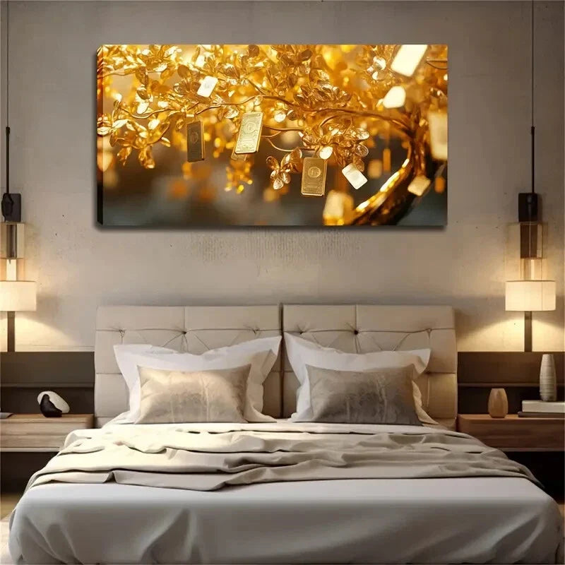 Golden Branches & Leaves Design Wall Art Canvas Office Home Room Framed 120x60cm