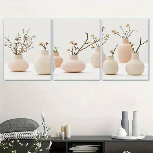 3pcs Vases And Plants in Soft Tones Metal Print Ready to Hang Art