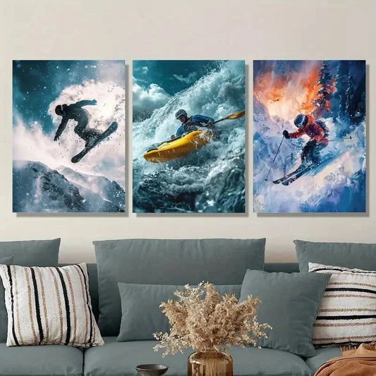 3pcs Skiing and kayaking surfing art Metal Print Ready to Hang Art