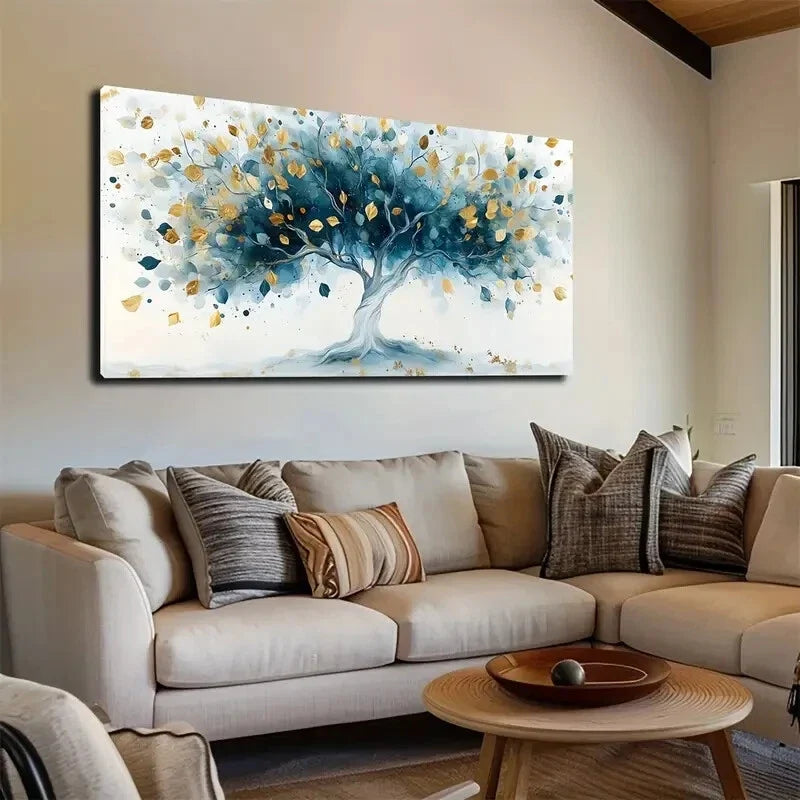Blue and Golden Tree Abstract Wall Art Canvas Office Home Room Framed 120x60cm