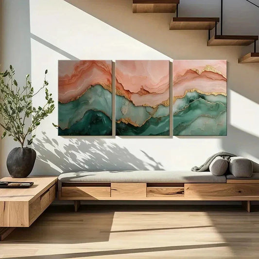 3pcs Teal and Pink Layered Abstract Metal Print Ready to Hang Art