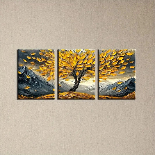 3pcs Vibrant Autumn Foliage, Golden Leaves Metal Print Ready to Hang Art