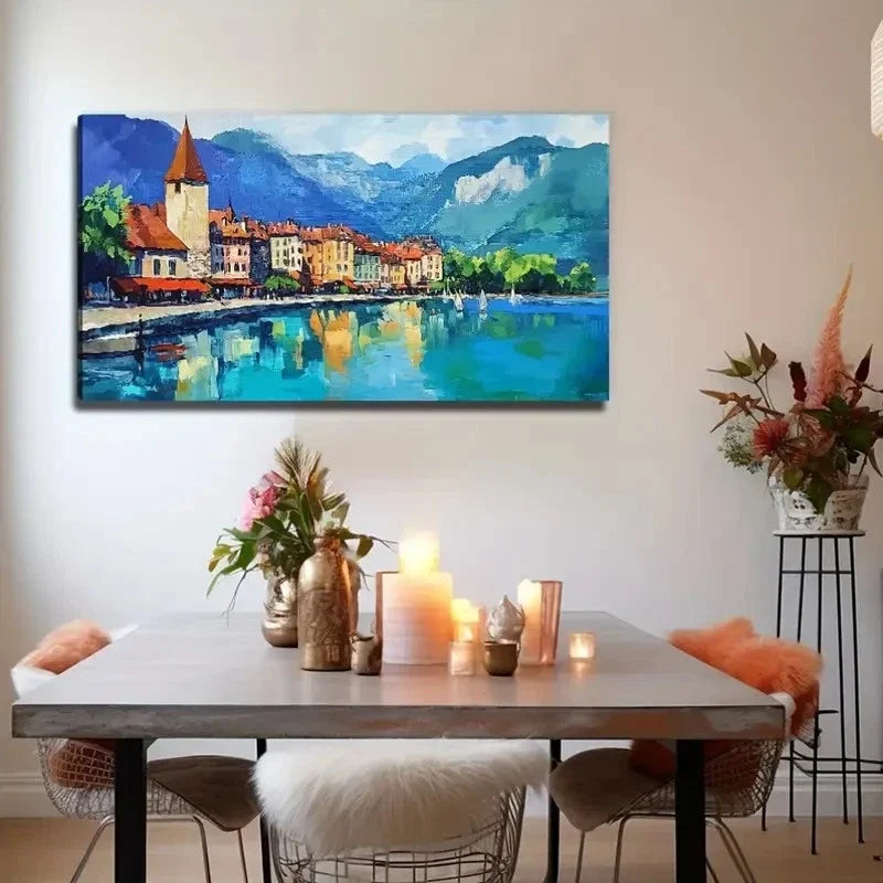 Scenic River House Perfect Wall Art Canvas Office Home Room Framed 80x45cm