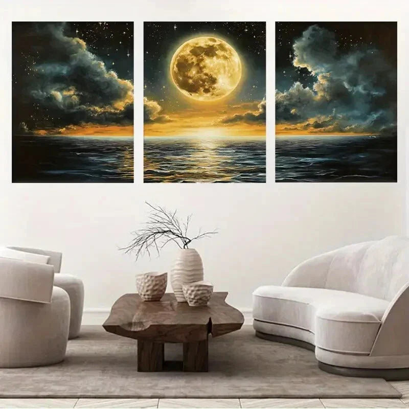 3pcs Moonlit Ocean Full Moon and Serene Night Sky Metal Print Ready to Hang Art