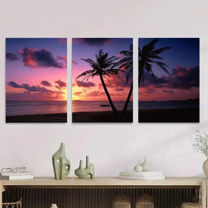 3pcs Palm Tree Ocean Beach Sunset Wall Art Set Canvas Framed 40x60cm - High Quality Print 100% Australian Made Wall Canvas Ready to Hang