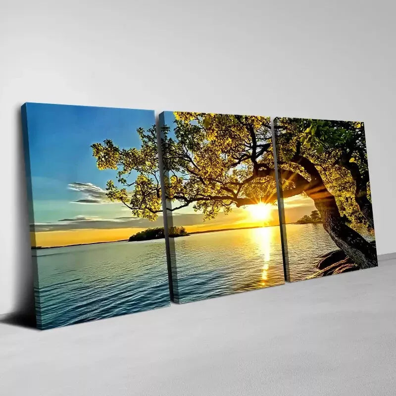 3pcs Peaceful Tree Sunset Lake Sky View Wall Art Set Canvas Framed 40x60cm - High Quality Print 100% Australian Made Wall Canvas Ready to Hang