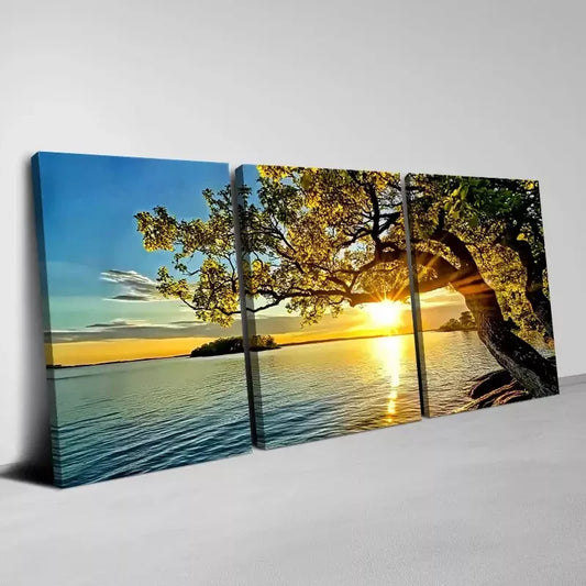 3pcs Peaceful Tree Sunset Lake Sky View Wall Art Set Canvas Framed 40x60cm - High Quality Print 100% Australian Made Wall Canvas Ready to Hang