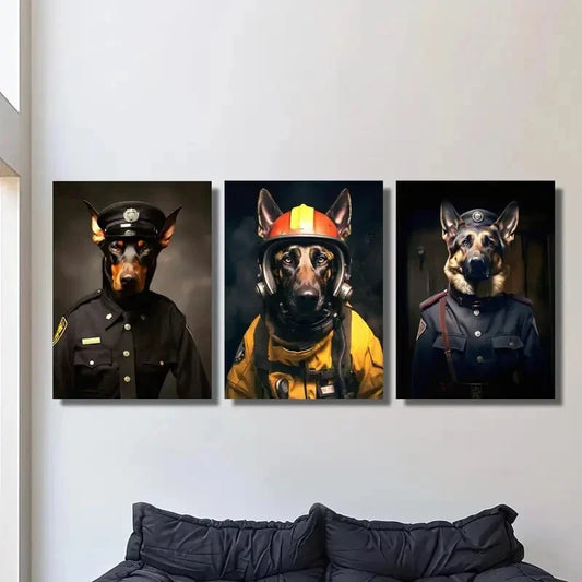 3pcs Dog Firefighter & Police Uniform Portraits Metal Print Ready to Hang Art