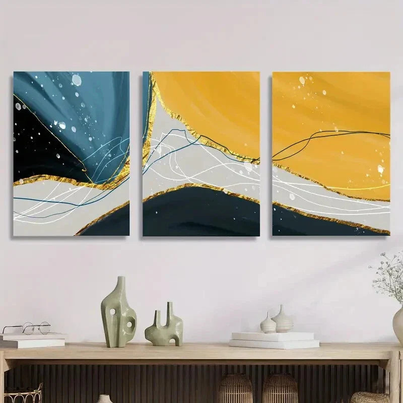 3pcs Abstract Art Golden Landscape, Light Metal Print Ready to Hang Art