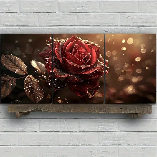 3pcs Red Roses Brown Leaves Golden Bubbles Metal Print Ready to Hang Art