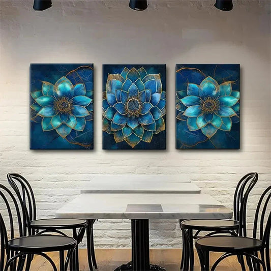 3pcs Teal Blue Mandala Flower Elegant Perfect Wall Art Set Canvas Framed 40x60cm - High Quality Print 100% Australian Made Wall Canvas Ready to Hang