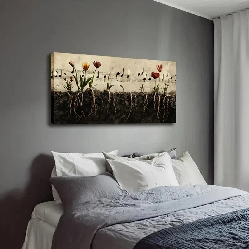 Vibrant Tulips & Music Notes Wall Art Canvas Office Home Room Framed 120x60cm