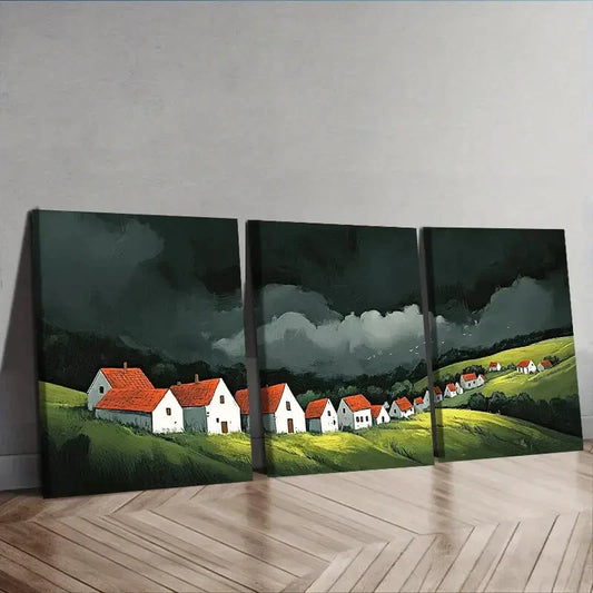 3pcs A little village with red roofs Wall Art Set Canvas Framed 40x60cm - High Quality Print 100% Australian Made Wall Canvas Ready to Hang