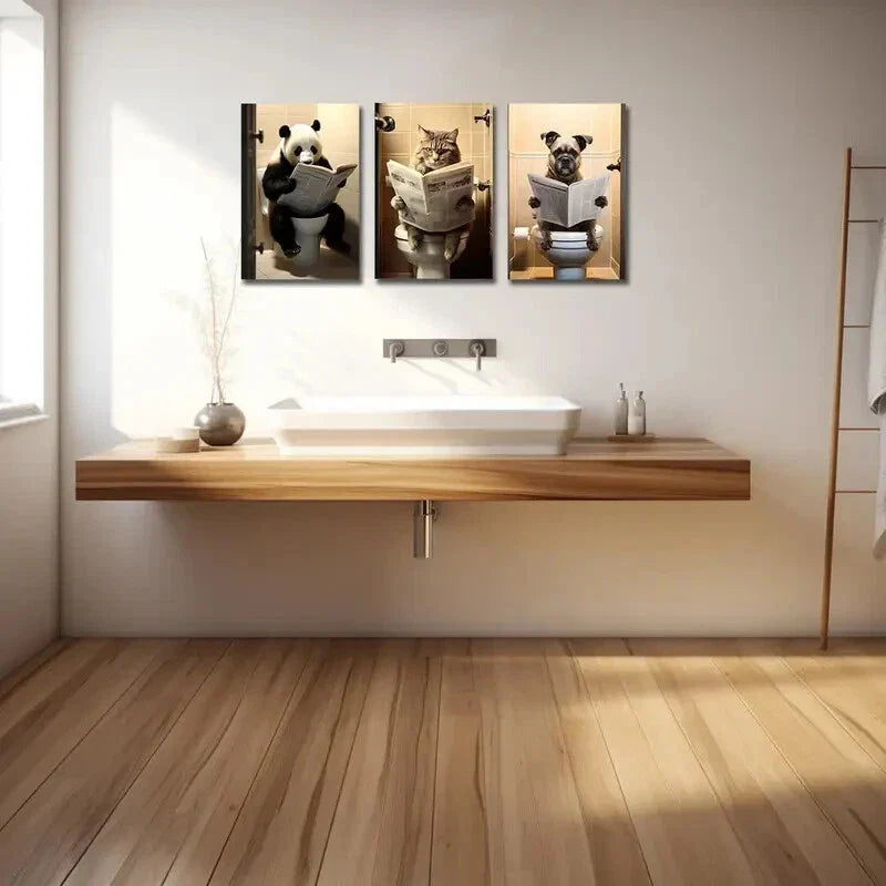 3pcs  Featuring a Panda, Dog, And Cat Sitting on a Toilet  Metal Print Ready to Hang Art