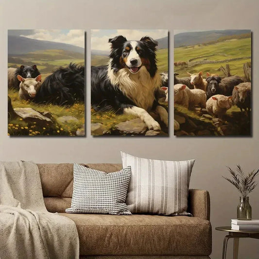 3pcs Sheepdog Herding Sheep Meadow Vibrant Animal Metal Print Ready to Hang Art