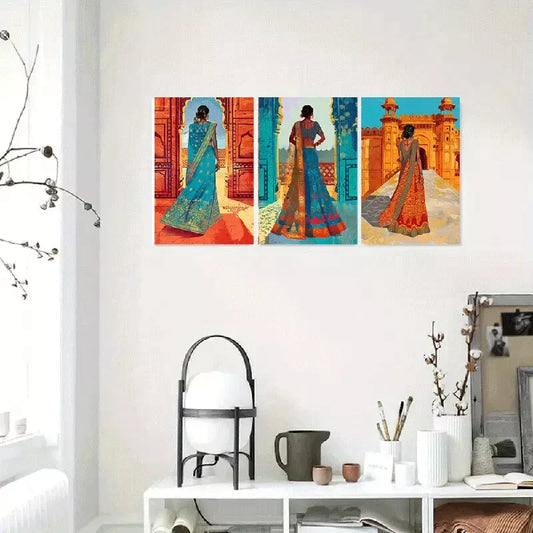 3pcs Elegant Traditional Women in Cultural Attire Canvas Framed 40x60cm - High Quality Print 100% Australian Made Wall Canvas Ready to Hang