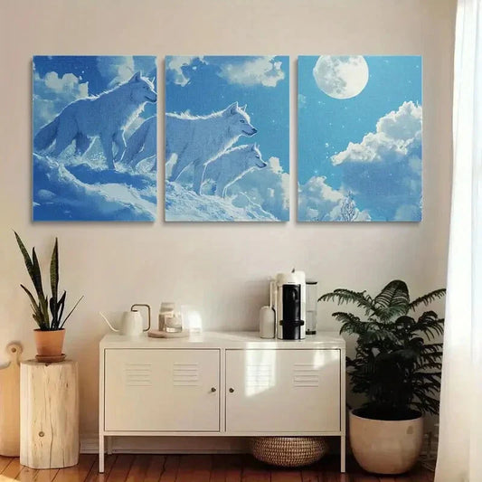 3pcs Serene Moonlit Sky with Howling Wolves Metal Print Ready to Hang Art