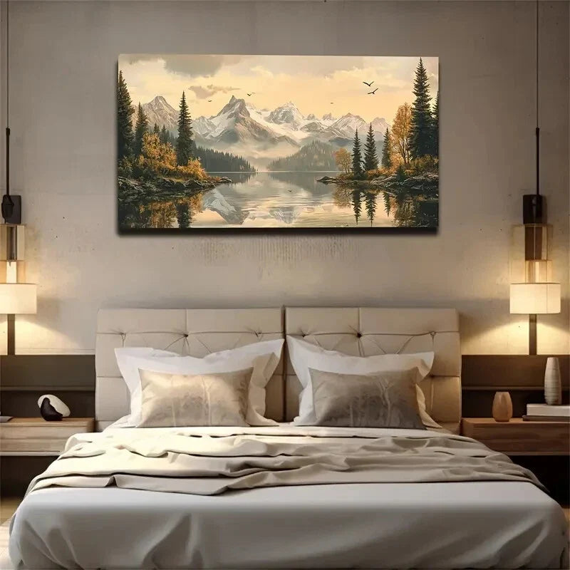 Snow Mountains Misty Pine Tree Wall Art Canvas Office Home Room Framed 120x60cm