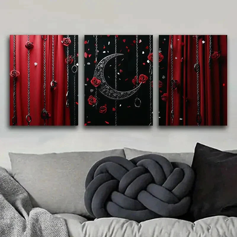 3pcs Black Moon and Red Roses Floral  Metal Print Ready to Hang Art