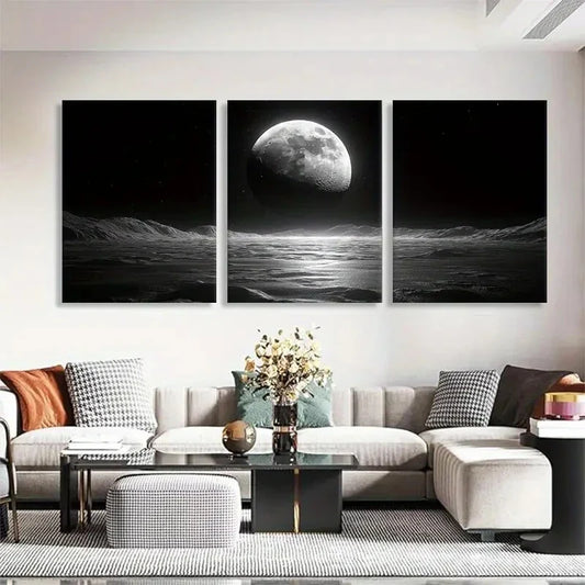 3pcs Black and White Moonlit Ocean Calm Perfect Wall Art Set Canvas Framed 40x60cm - High Quality Print 100% Australian Made Wall Canvas Ready to Hang