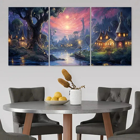 3pcs Colourful Painting Sun River Big Tree Metal Print Ready to Hang Art