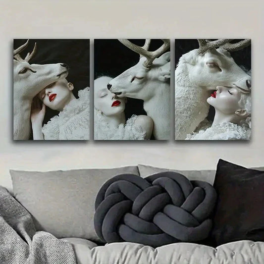3pcs White Deer, girl Art Painting Metal Print Ready to Hang Art
