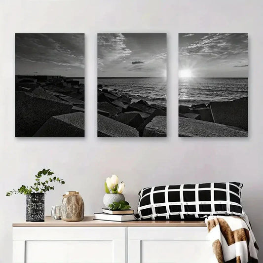 3pcs Black and White Coastal Sunset Geometric Metal Print Ready to Hang Art