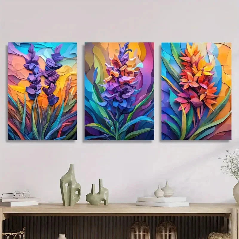 3pcs Vibrant colorful flowers, floral Metal Print Ready to Hang Art